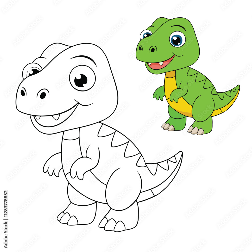Obraz premium A fun Tyrannosaurus Rex cartoon coloring page featuring a friendly T-Rex with big teeth, tiny arms, and a playful pose, perfect for kids to color and enjoy!