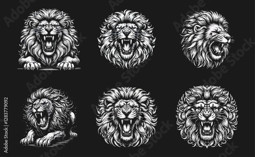 fierce roar growling lion head Tattoo engraving template