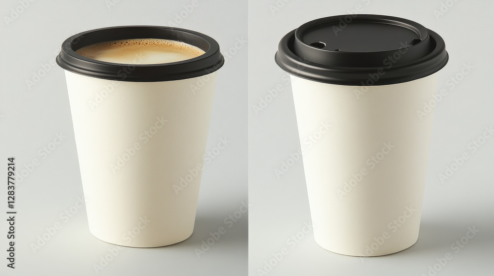 3d white paper coffee cup isolated vector mockup. Disposable drink mock up for takeaway hot espresso from cafe with plastic black lid. Cappuccino cardboard package container render design illustration 3d white paper coffee cup isolated vector mockup. Disposable drink mock up for takeaway hot espresso from cafe with plastic black lid. Cappuccino cardboard package container render design illustration
