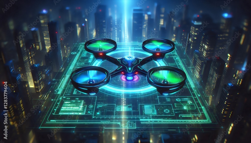 Futuristic Drone Landing on Cityscape Hologram Futuristic Drone Landing on Cityscape Hologram