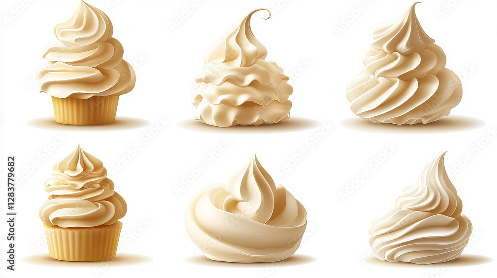 Pink whipped cream design elements for pastry isolated on transparent background. Vector realistic illustration of creamy decoration for dessert, abstract and heart shape swirl lines, topping for cake Pink whipped cream design elements for pastry isolated on transparent background. Vector realistic illustration of creamy decoration for dessert, abstract and heart shape swirl lines, topping for cake