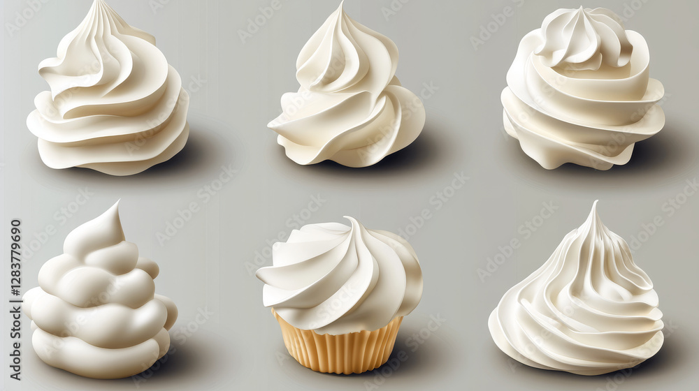 Pink whipped cream design elements for pastry isolated on transparent background. Vector realistic illustration of creamy decoration for dessert, abstract and heart shape swirl lines, topping for cake Pink whipped cream design elements for pastry isolated on transparent background. Vector realistic illustration of creamy decoration for dessert, abstract and heart shape swirl lines, topping for cake