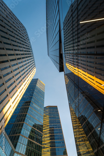 Skyscrapers in Warsaw. Office buildings in the business part of the city. Glass and steel structures. Center of Warsaw	
