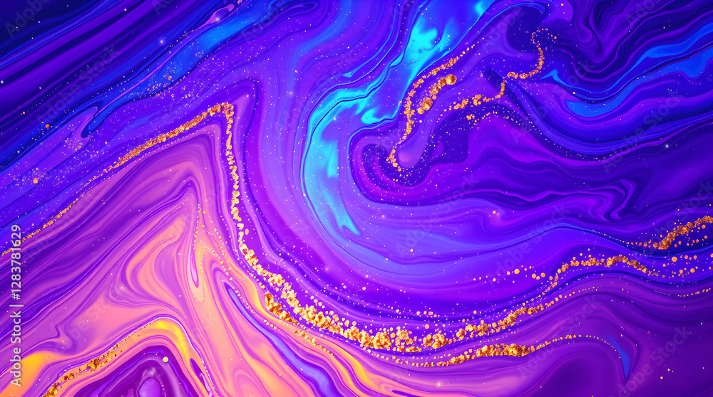 Golden glitter flowing on vibrant purple and blue marble texture Golden glitter flowing on vibrant purple and blue marble texture