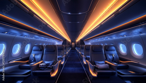 Luxury Airplane Cabin Interior – Premium Seating & Ambient Lighting for Airline, Travel & Aviation Stock Use, uxury travel blogs, aviation stock photo platforms, in-flight service promotions, 
