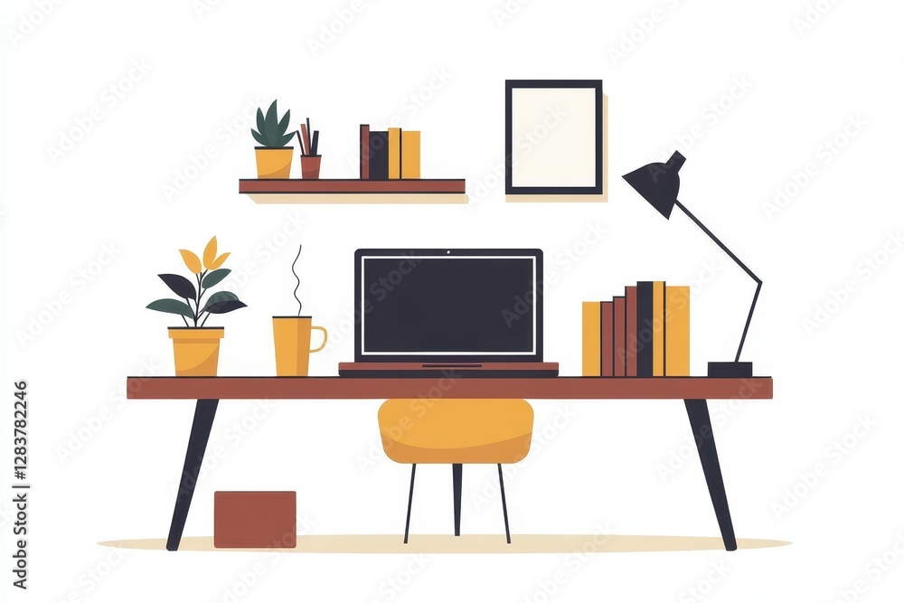 Modern Home Office Workspace Laptop Plants Books Desk Chair Modern Home Office Workspace Laptop Plants Books Desk Chair