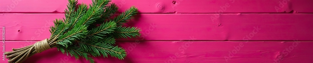 A bundle of spruce branches tied with twine on a magenta wood wall hanging, rustic furniture, branches, twine A bundle of spruce branches tied with twine on a magenta wood wall hanging, rustic furniture, branches, twine