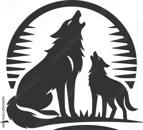 A young wolf howling next to a larger adult vector animal silhouette