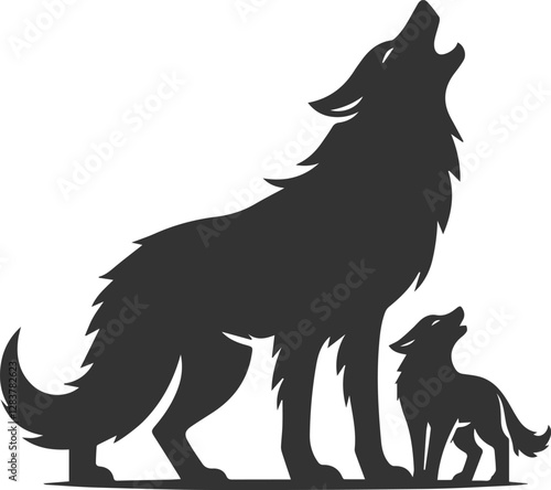 A young wolf howling next to a larger adult vector animal silhouette