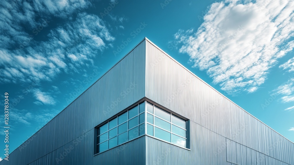 A striking factory building features sharp angular lines and sleek metal cladding, contrasting against a bright blue sky filled with fluffy clouds A striking factory building features sharp angular lines and sleek metal cladding, contrasting against a bright blue sky filled with fluffy clouds