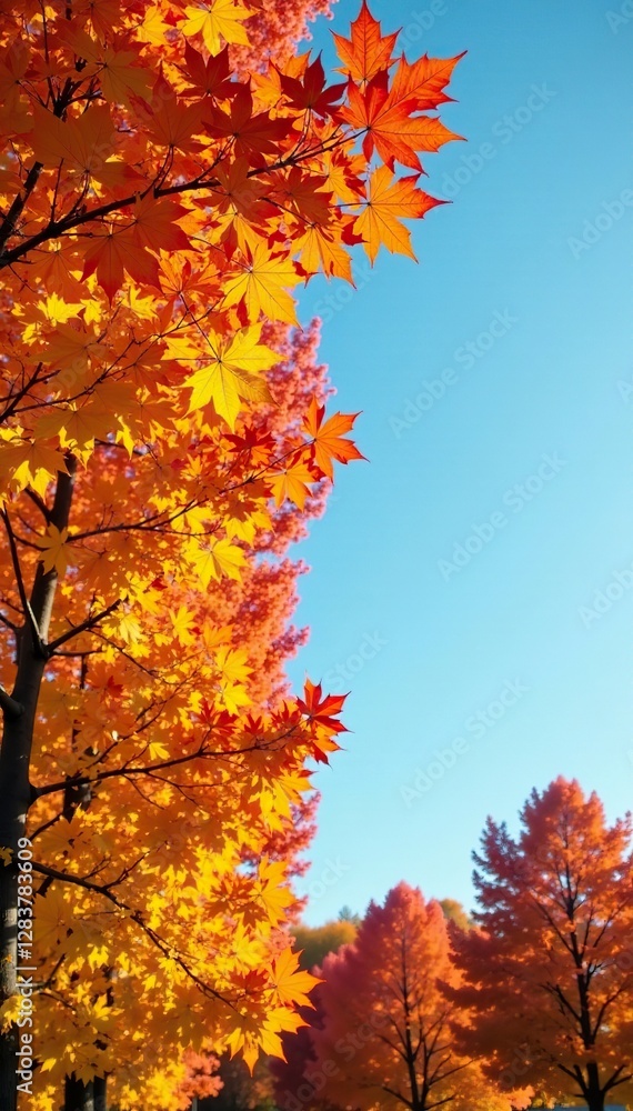 A blanket of golden maple leaves covering the ground against a bright blue sky, maple leaf, autumnal colors A blanket of golden maple leaves covering the ground against a bright blue sky, maple leaf, autumnal colors