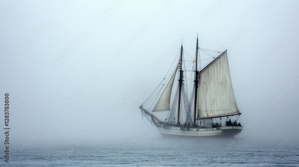 Classic Frigate Navigating Through a Misty Fog, Emphasizing Wooden Craftsmanship and Timeless Sailing Heritage Classic Frigate Navigating Through a Misty Fog, Emphasizing Wooden Craftsmanship and Timeless Sailing Heritage