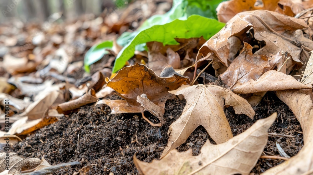 Close-Up View of Fallen Leaves on Soil with Green Plant Growth in Natural Forest Environment Close-Up View of Fallen Leaves on Soil with Green Plant Growth in Natural Forest Environment