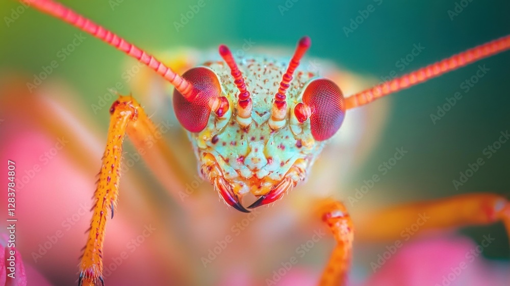 Fototapeta premium Vibrant Insect Macro Photography: A Close-Up of a Colorful Grasshopper