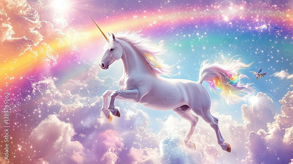 Cute unicorns in sky with rainbows, clouds and stars. Magic animals, fairy pony characters in sky. Fantasy wonderland with beautiful unicorns, vector cartoon illustration Cute unicorns in sky with rainbows, clouds and stars. Magic animals, fairy pony characters in sky. Fantasy wonderland with beautiful unicorns, vector cartoon illustration