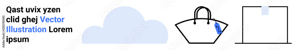 Cloud with minimal shopping bag and abstract box, stylized for digital retail, e-commerce, technology, storage, cloud services, modern marketing, branding, flat landing page banner Cloud with minimal shopping bag and abstract box, stylized for digital retail, e-commerce, technology, storage, cloud services, modern marketing, branding, flat landing page banner