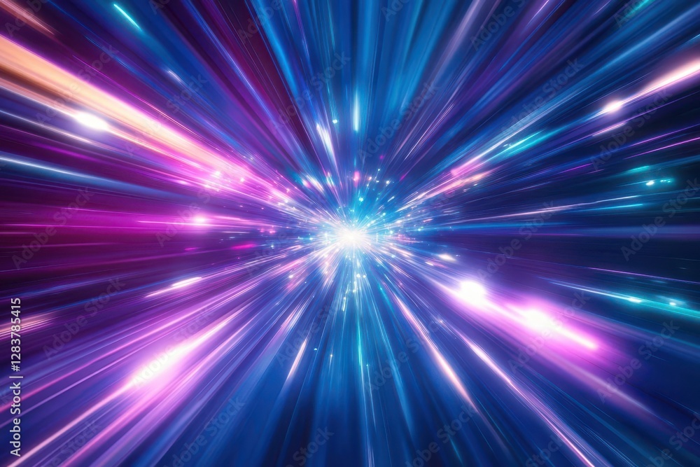 Fototapeta premium dynamic abstract light trails in electric blue and violet, creating dimensional movement through dark space with motion blur effects