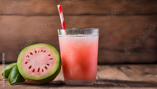 guava juice with fresh sliced pieces on wooden background photo