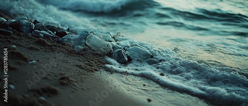 Ocean waves meet a pebbly shore, littered with bottles, illustrating environmental impact and nature's resilience. photo