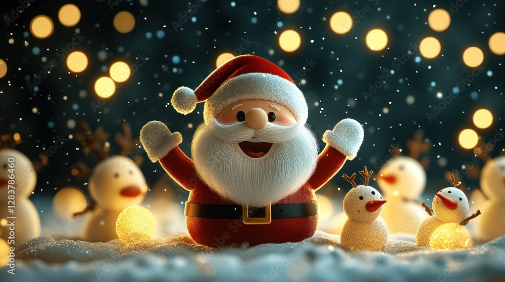 Festive Santa with Snowmen, Night Lights, Snow Falling. Possible use Christmas card, holiday promotion Festive Santa with Snowmen, Night Lights, Snow Falling. Possible use Christmas card, holiday promotion