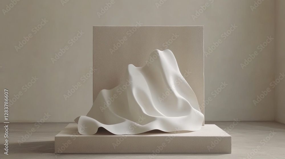 White fabric sculpture, minimalist studio backdrop, calm scene, design inspiration White fabric sculpture, minimalist studio backdrop, calm scene, design inspiration