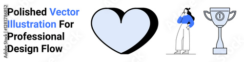 Large heart shape, trophy cup, and a contemplative woman standing thoughtfully. Ideal for themes thumbs up love, success, creativity, motivation, teamwork inspiration and personal growth. Flat