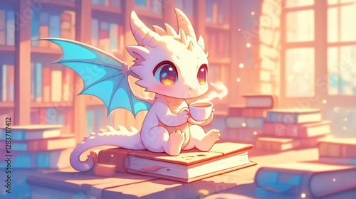 A cute dragon sipping tea in a cozy library filled with books and warm sunlight.