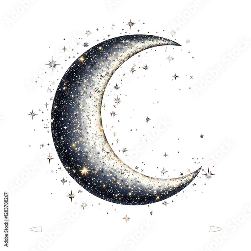 Starry Crescent Moon Illustration with Cosmic Sparkles
