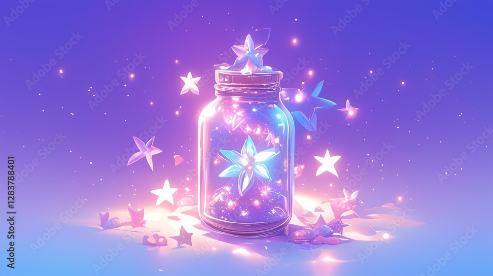 A magical jar filled with glowing stars and sparkles, creating a whimsical atmosphere. A magical jar filled with glowing stars and sparkles, creating a whimsical atmosphere.