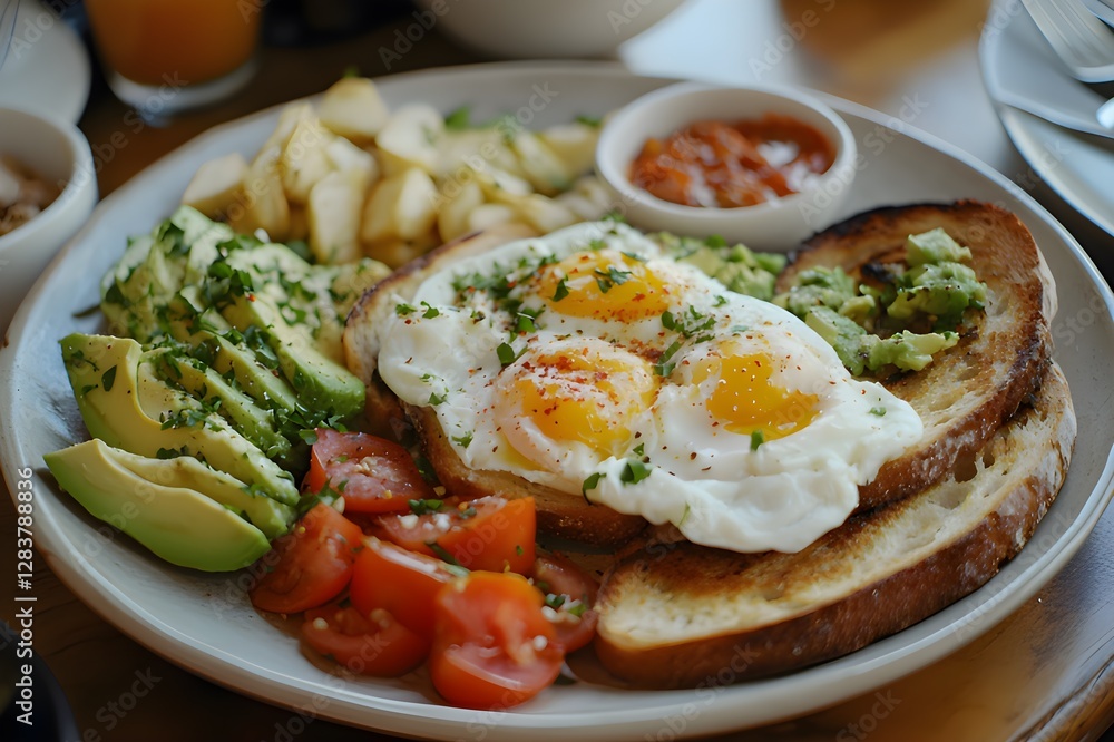 sushi on a plate with chopsticks, lavish breakfast ,thick slices of sourdough bread toasted to perfection, topped with avocado, soft poached eggs, and chili flakes, healthy breakfast sushi on a plate with chopsticks, lavish breakfast ,thick slices of sourdough bread toasted to perfection, topped with avocado, soft poached eggs, and chili flakes, healthy breakfast