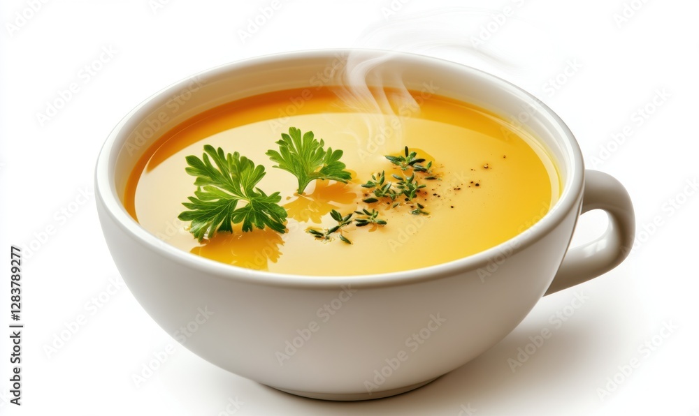 Steaming hot soup garnished with herbs in white cup on white Steaming hot soup garnished with herbs in white cup on white