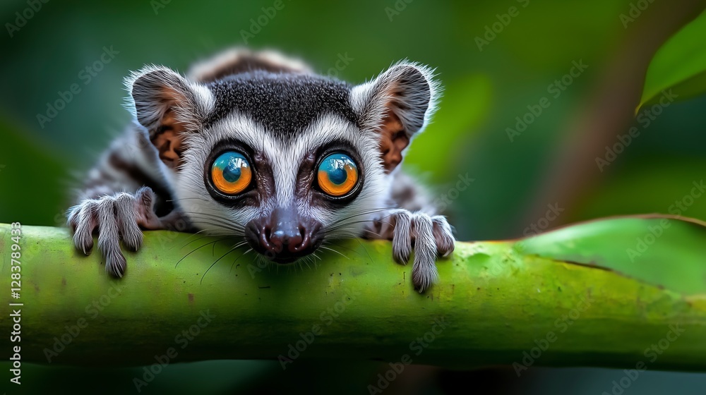 Baby monkey is sitting on a green branch Baby monkey is sitting on a green branch