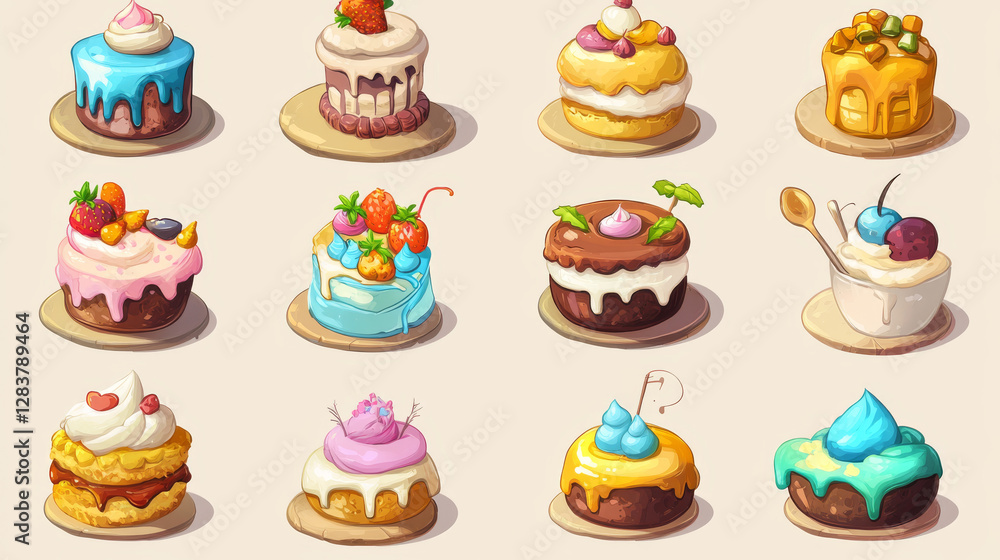 Game icons cakes, sweets and desserts. Cartoon 2d ui graphic elements, pastry, cupcakes, donut, ratafia and pancakes with topping, chocloate, berries, fruits and sprinkles isolated vector set Game icons cakes, sweets and desserts. Cartoon 2d ui graphic elements, pastry, cupcakes, donut, ratafia and pancakes with topping, chocloate, berries, fruits and sprinkles isolated vector set