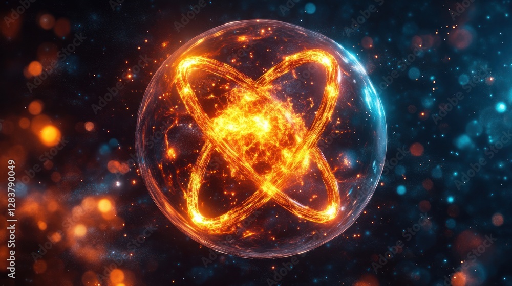 Fototapeta premium Fiery Atom Sphere in Cosmic Background