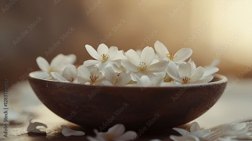 A bowl of white blossoms in a brown wooden bowl, some petals scattered on the surface below. A bowl of white blossoms in a brown wooden bowl, some petals scattered on the surface below.