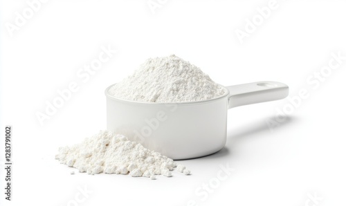 White flour in measuring cup on white background for baking
