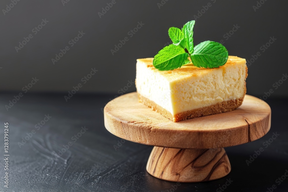 Delicious cheesecake with fresh mint garnish, isolated on background with copy space. Tasty cheesecake with fresh mint, isolated on background with copy space. Delicious cheesecake with fresh mint garnish, isolated on background with copy space. Tasty cheesecake with fresh mint, isolated on background with copy space.