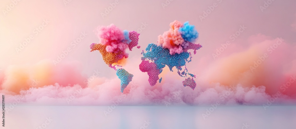 Pastel world map cloudscape, global connection, dreamlike background Pastel world map cloudscape, global connection, dreamlike background