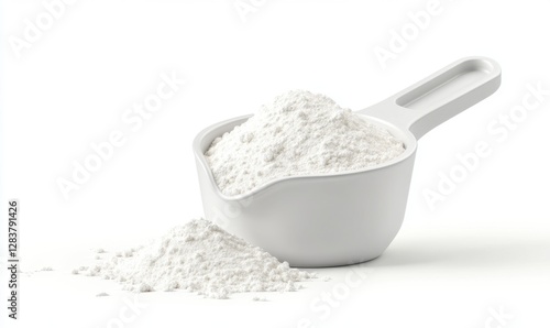 White powder in measuring scoop on white background