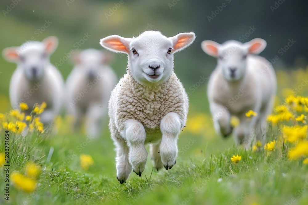 Lambs jumping and running in a meadow with yellow flowers