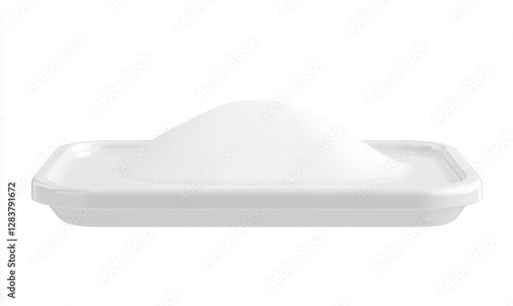 White powder mound on a rectangular tray, isolated on white, for product display White powder mound on a rectangular tray, isolated on white, for product display