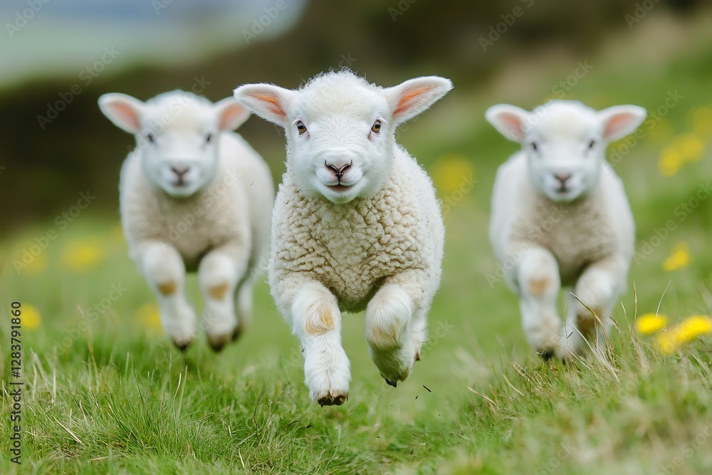 Three lambs running on green meadow in springtime Three lambs running on green meadow in springtime