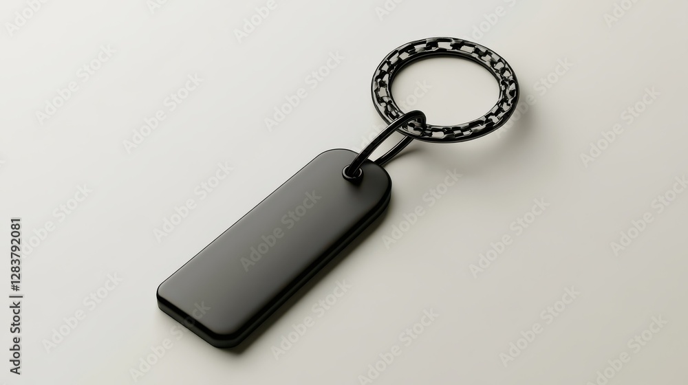 Black minimalist keychain with a geometric ring on light background Black minimalist keychain with a geometric ring on light background