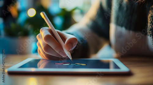 entrepreneur sketching logo ideas on a tablet for a new online store 