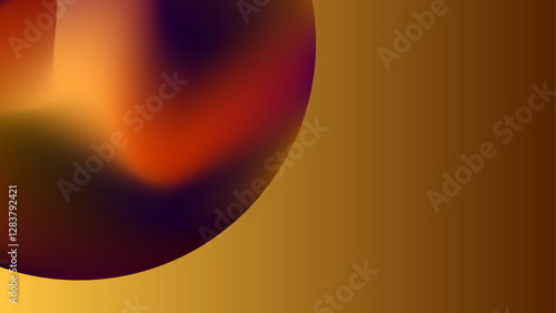 An abstract digital illustration featuring a gradient sphere blending rich hues of gold, orange, deep purple, and red against a brown gradient background. The design has a fluid, molten feel, with smo