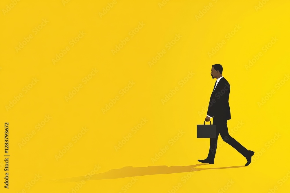 Minimalistic Vector Design of Confident Businessman Walking with Briefcase on Yellow Background Minimalistic Vector Design of Confident Businessman Walking with Briefcase on Yellow Background