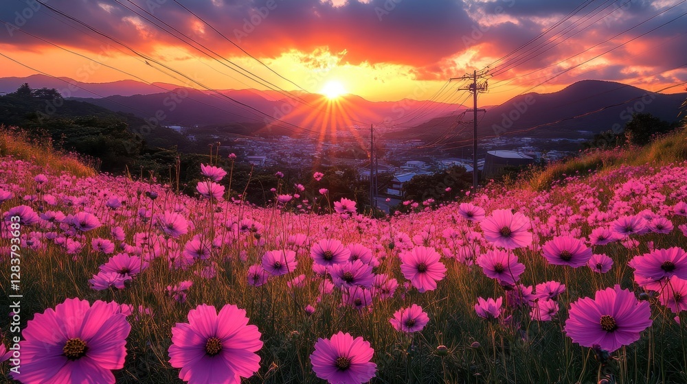 Obraz premium Sunset over cosmos field, mountains, town