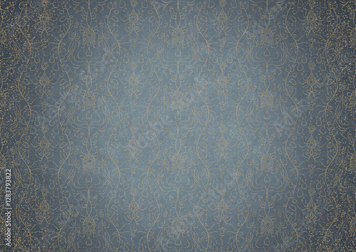 Wallpaper Mural Hand-drawn unique abstract gold ornament on a light blue background, with vignette of darker background color and golden glittery sparks. Paper texture. Digital artwork, A4. (pattern: p13-1c) Torontodigital.ca