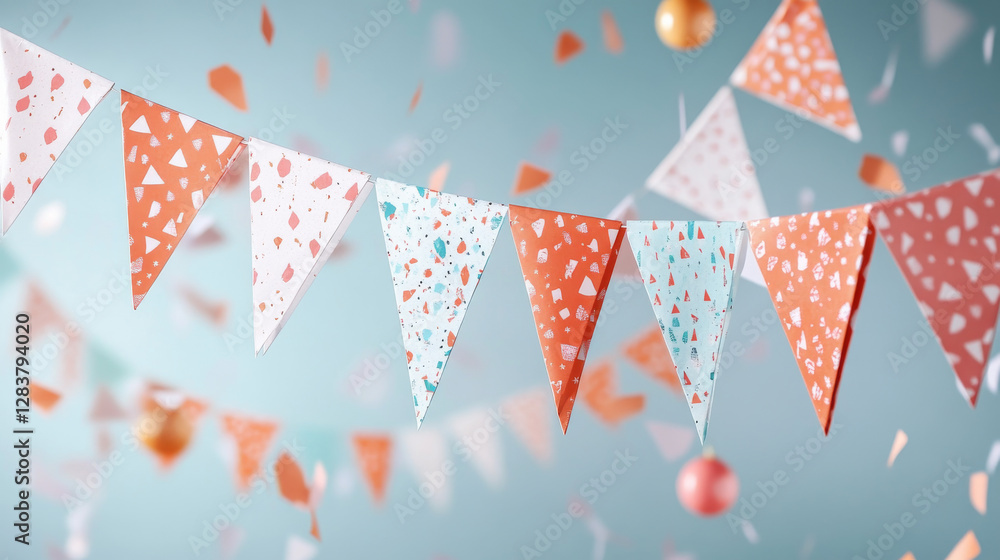 Obraz premium Triangle party garland with ornaments. Realistic 3d vector flag bunting for birthday or carnival design. Funfair hanging triangular paper pennant string. Holiday event festive decoration with pattern.