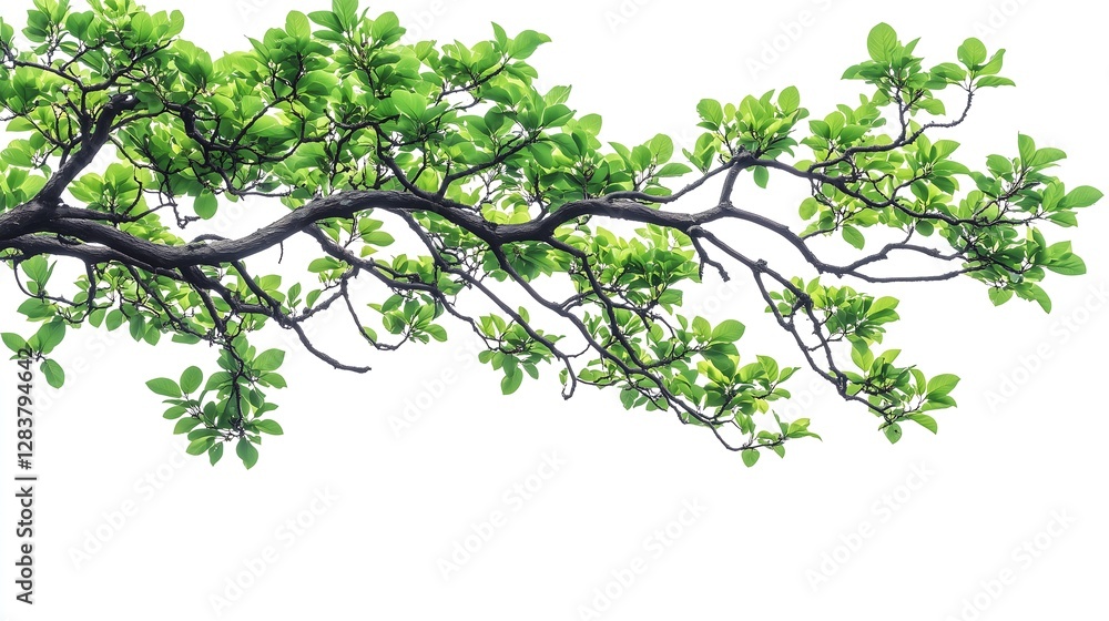 Green Tree Branch with Leaves on White Background – Nature Design & Botanical Projects, graphic design projects, nature-themed backgrounds, stock photo platforms, eco-friendly brandin